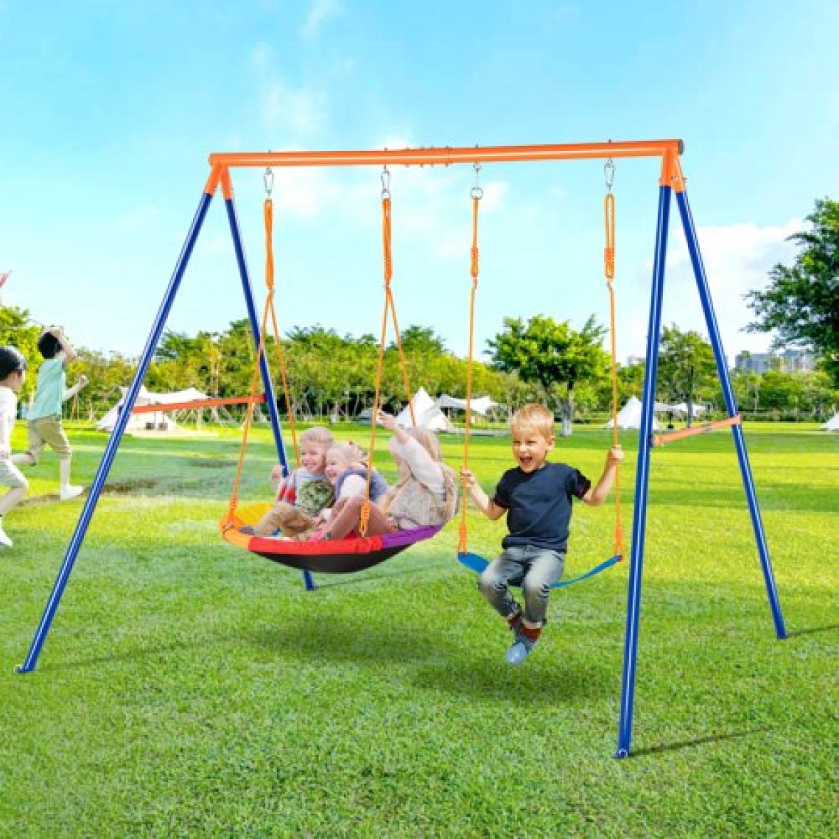 VEVOR Swing Swing για Backyard, 440lbs Load Capacity Swing Set, με 1 Saucer Swing Seat, 1 Belt Swing Seat, Heavy Duty A-Frame Metal Swing Stand και ρυθμιζόμενο σχοινί, Swingset Outdoor για παιδιά