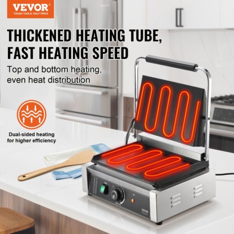 Εμπορική σχάρα Panini VEVOR, Ηλεκτρικό σάντουιτς Panini Maker 2200W, Ανοξείδωτη ψησταριά σάντουιτς με χειρολαβή και έλεγχο θερμοκρασίας, 34x23 cm Πλήρης επίπεδη εμαγιέ πλάκα, για μπριζόλα χάμπουργκερ μπέικον