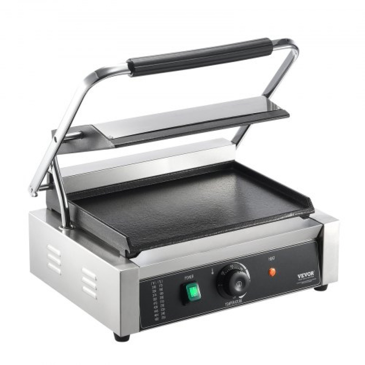 Εμπορική σχάρα Panini VEVOR, Ηλεκτρικό σάντουιτς Panini Maker 2200W, Ανοξείδωτη ψησταριά σάντουιτς με χειρολαβή και έλεγχο θερμοκρασίας, 34x23 cm Πλήρης επίπεδη εμαγιέ πλάκα, για μπριζόλα χάμπουργκερ μπέικον