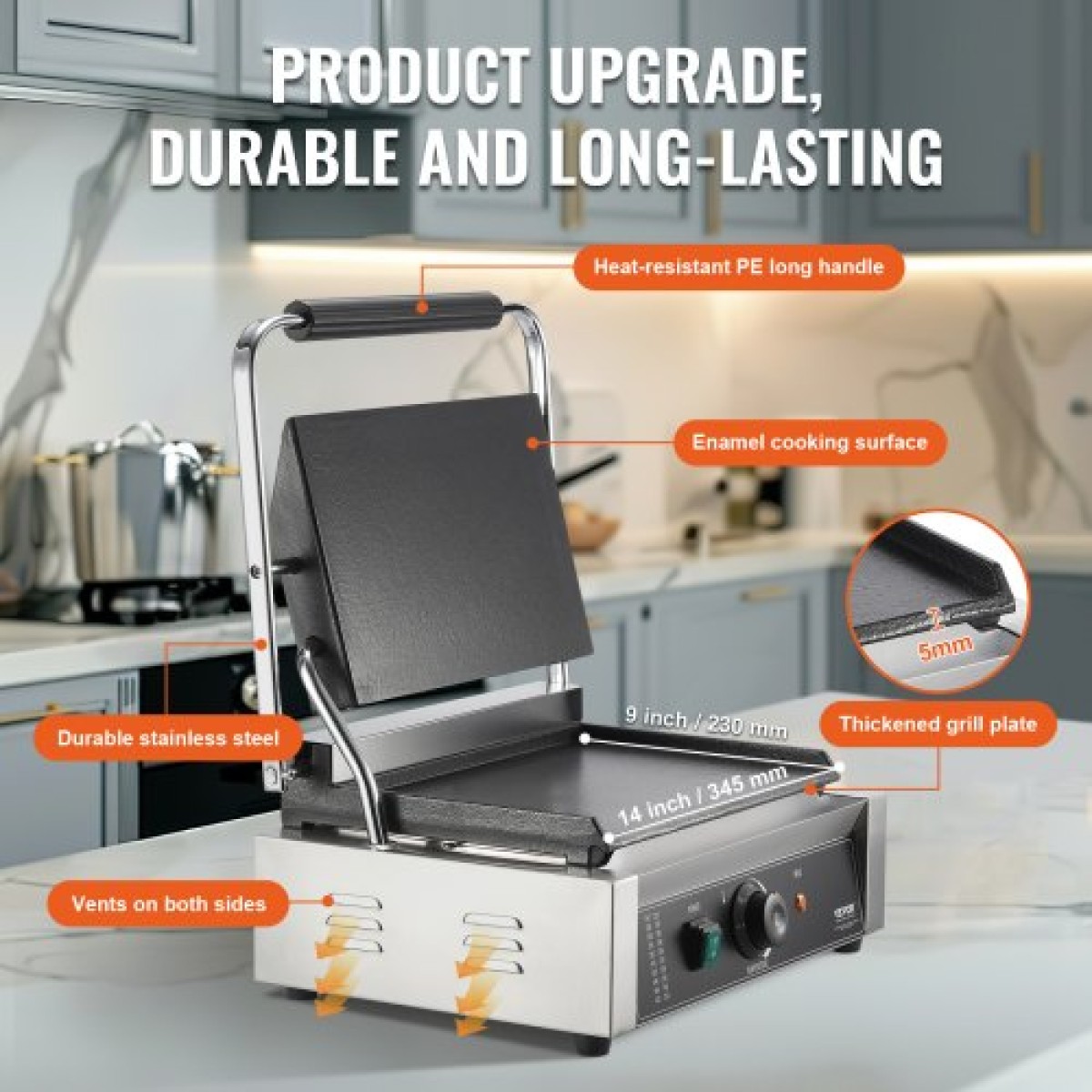 Εμπορική σχάρα Panini VEVOR, Ηλεκτρικό σάντουιτς Panini Maker 2200W, Ανοξείδωτη ψησταριά σάντουιτς με χειρολαβή και έλεγχο θερμοκρασίας, 34x23 cm Πλήρης επίπεδη εμαγιέ πλάκα, για μπριζόλα χάμπουργκερ μπέικον