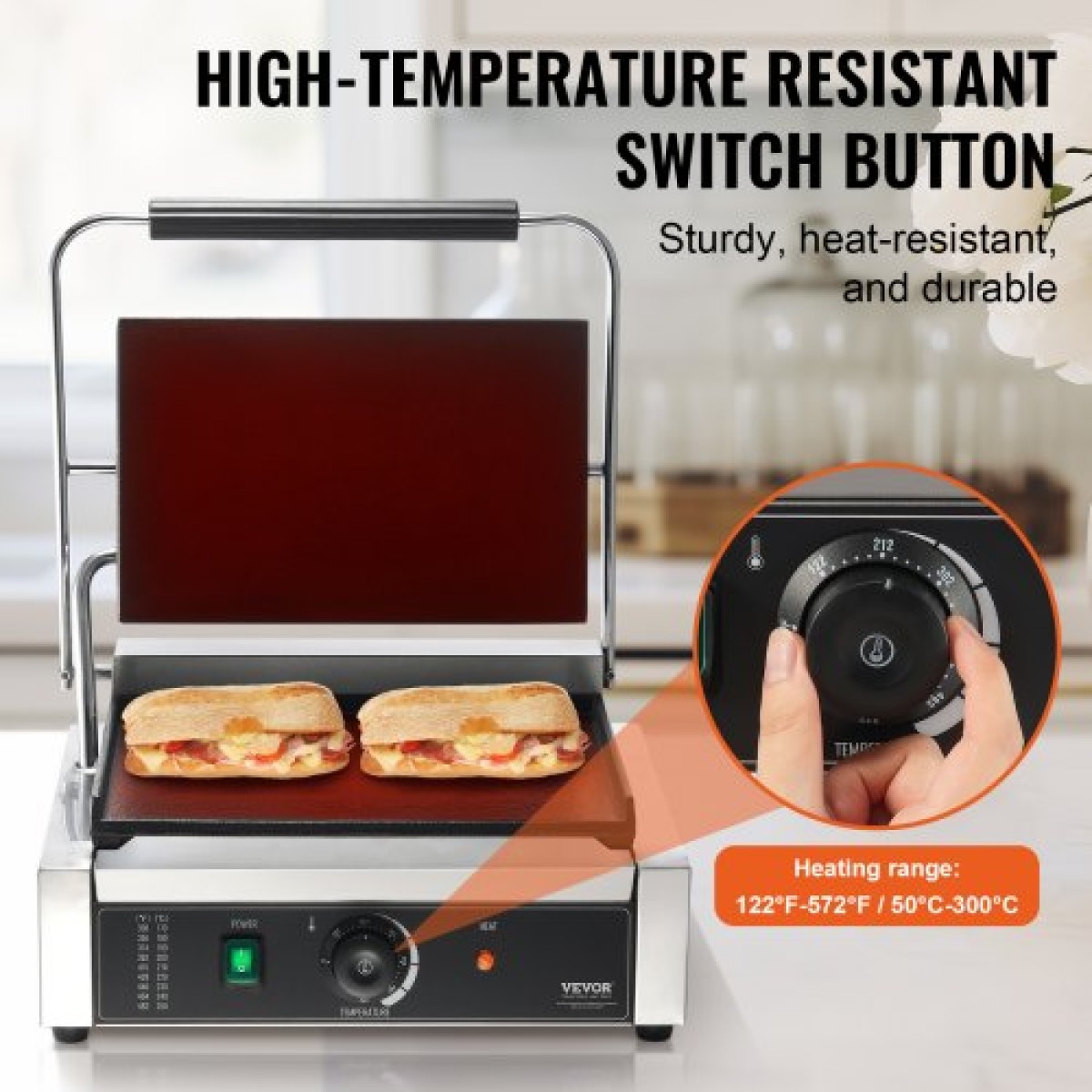 Εμπορική σχάρα Panini VEVOR, Ηλεκτρικό σάντουιτς Panini Maker 2200W, Ανοξείδωτη ψησταριά σάντουιτς με χειρολαβή και έλεγχο θερμοκρασίας, 34x23 cm Πλήρης επίπεδη εμαγιέ πλάκα, για μπριζόλα χάμπουργκερ μπέικον