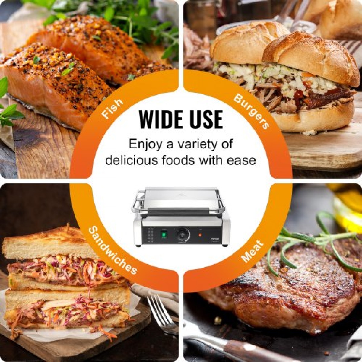 Εμπορική σχάρα Panini VEVOR, Ηλεκτρικό σάντουιτς Panini Maker 2200W, Ανοξείδωτη ψησταριά σάντουιτς με χειρολαβή και έλεγχο θερμοκρασίας, 34x23 cm Πλήρης επίπεδη εμαγιέ πλάκα, για μπριζόλα χάμπουργκερ μπέικον