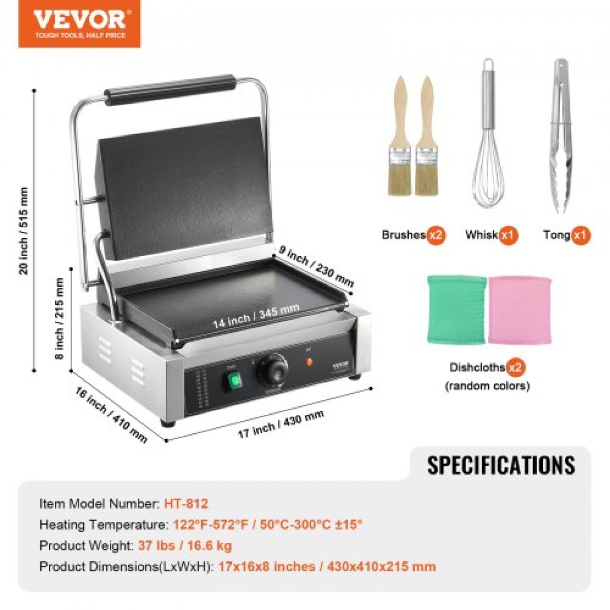 Εμπορική σχάρα Panini VEVOR, Ηλεκτρικό σάντουιτς Panini Maker 2200W, Ανοξείδωτη ψησταριά σάντουιτς με χειρολαβή και έλεγχο θερμοκρασίας, 34x23 cm Πλήρης επίπεδη εμαγιέ πλάκα, για μπριζόλα χάμπουργκερ μπέικον
