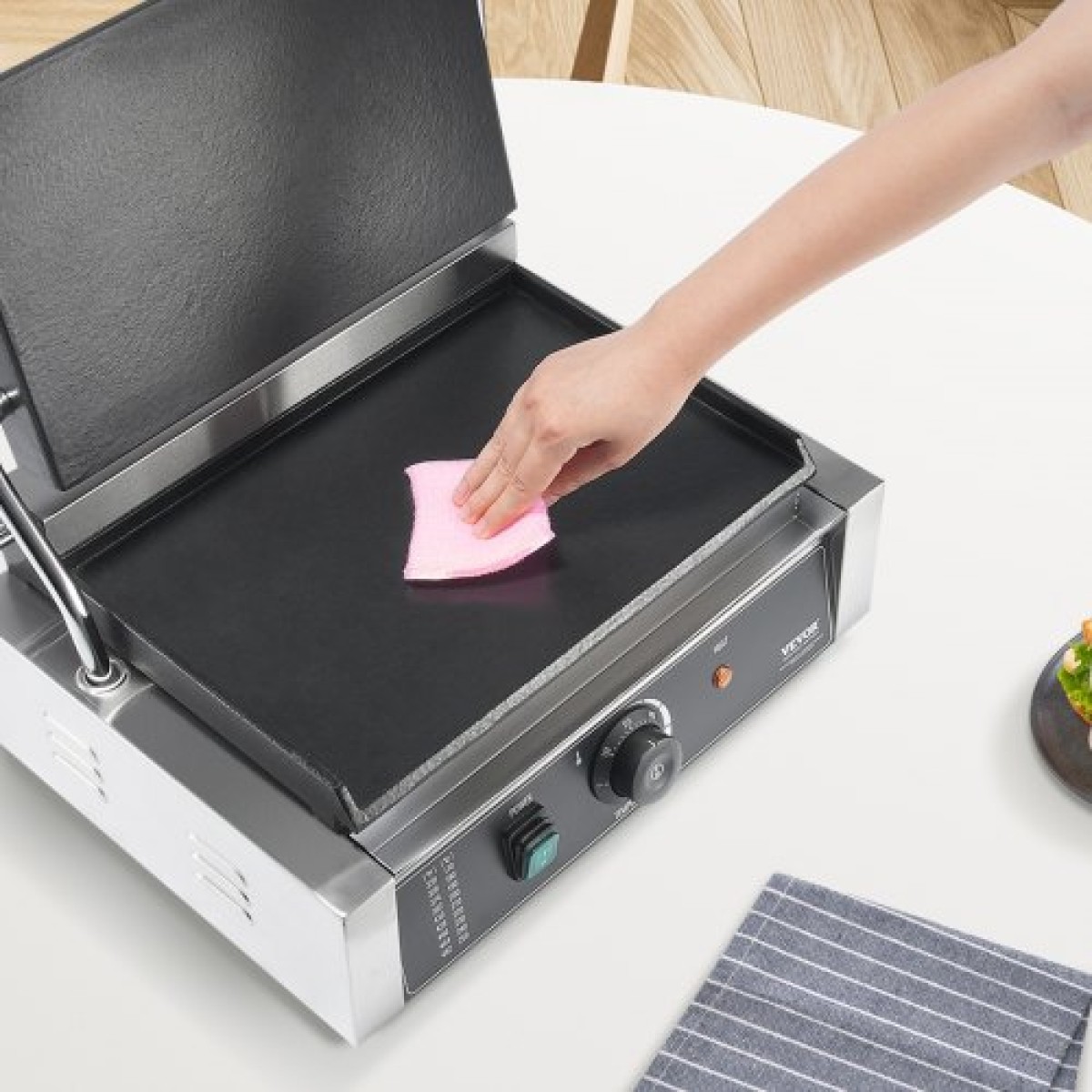 Εμπορική σχάρα Panini VEVOR, Ηλεκτρικό σάντουιτς Panini Maker 2200W, Ανοξείδωτη ψησταριά σάντουιτς με χειρολαβή και έλεγχο θερμοκρασίας, 34x23 cm Πλήρης επίπεδη εμαγιέ πλάκα, για μπριζόλα χάμπουργκερ μπέικον