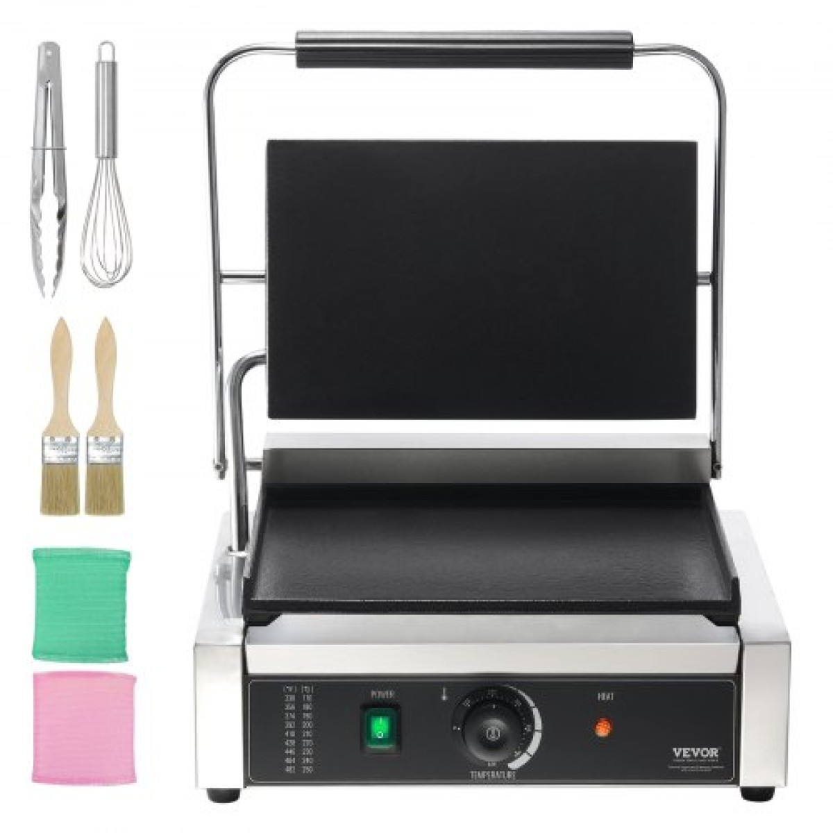 Εμπορική σχάρα Panini VEVOR, Ηλεκτρικό σάντουιτς Panini Maker 2200W, Ανοξείδωτη ψησταριά σάντουιτς με χειρολαβή και έλεγχο θερμοκρασίας, 34x23 cm Πλήρης επίπεδη εμαγιέ πλάκα, για μπριζόλα χάμπουργκερ μπέικον