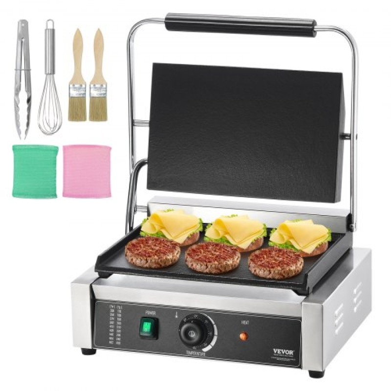 Εμπορική σχάρα Panini VEVOR, Ηλεκτρικό σάντουιτς Panini Maker 2200W, Ανοξείδωτη ψησταριά σάντουιτς με χειρολαβή και έλεγχο θερμοκρασίας, 34x23 cm Πλήρης επίπεδη εμαγιέ πλάκα, για μπριζόλα χάμπουργκερ μπέικον