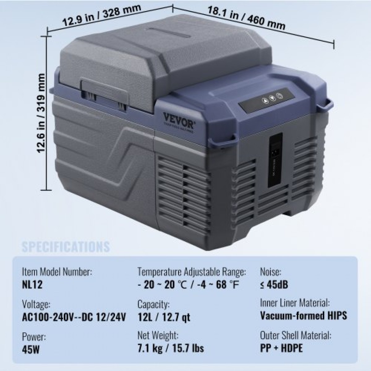Ψυγείο αυτοκινήτου VEVOR, Ψυγείο Αυτοκινήτου 12 Volt, Φορητός καταψύκτης 12 L Single Zone, -4℉-68℉ Ρυθμιζόμενο εύρος, 12/24V DC και 100-240V AC Compressor Cooler για εξωτερικούς χώρους, Camping, RV