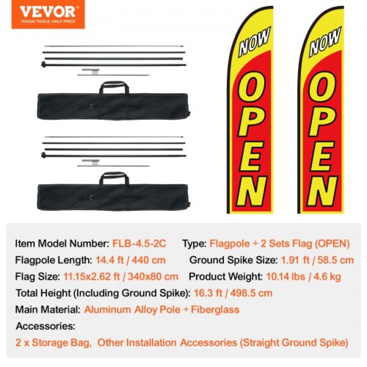 VEVOR Open Flags με Pole Kit, Advertising Flags για επιχειρήσεις εκτός, Advertising Feather Flag Kit, Περιλαμβάνει 2 Flags banner, 2 Poles, 2 Ground Stakes, Open Sign Swooper Flags for Business 16,3 FT