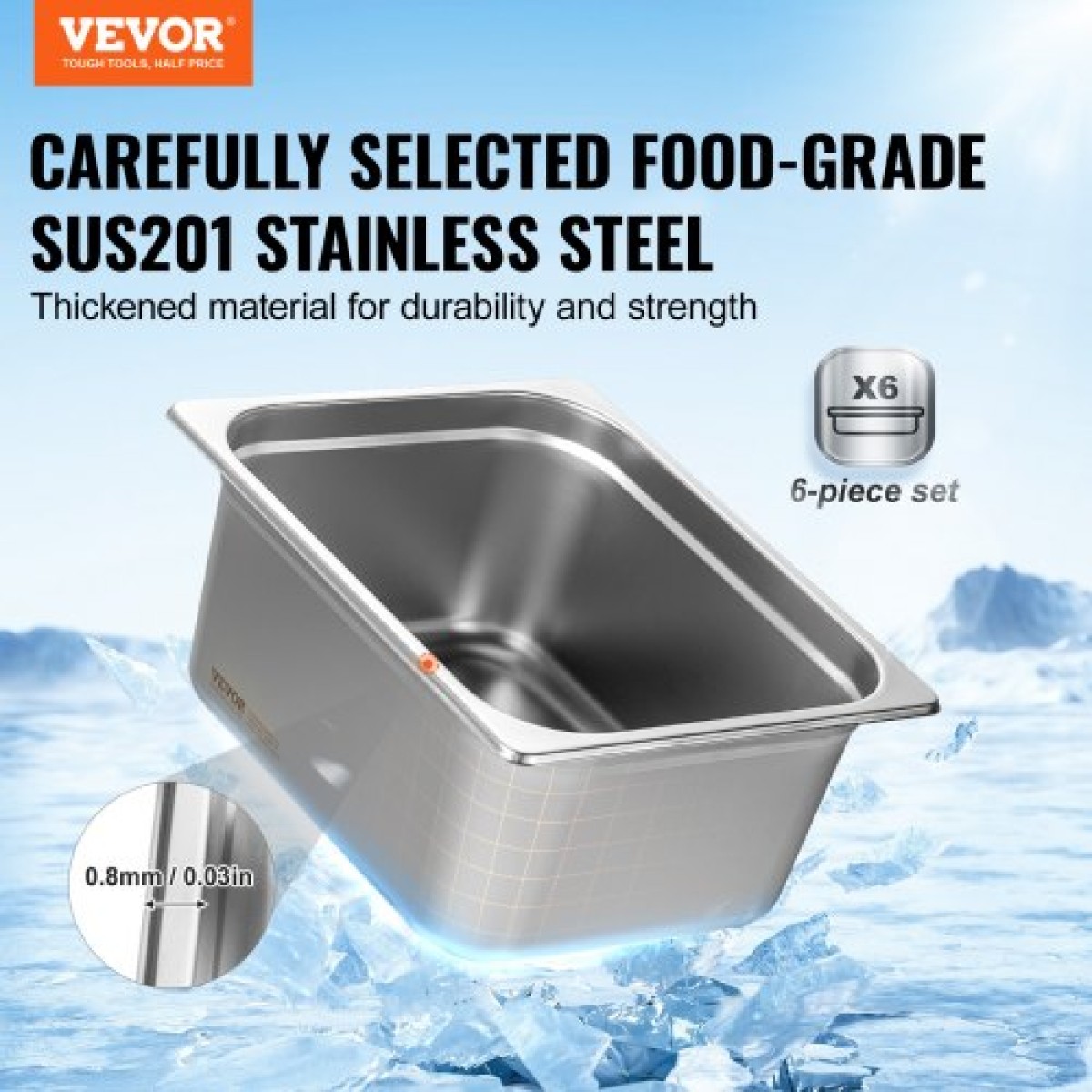 VEVOR 6 Pack Pans Hotel, 1/2 Size Anti-Jam Steam Pan, 0,8mm πάχος από ανοξείδωτο ατσάλι Επιτραπέζιο ταψί εστιατορίου, 6 ιντσών βαθύ εμπορικό επιτραπέζιο τηγάνι, τροφοδοσία αποθήκευσης τροφίμων, για βιομηχανικό και επιστημονικό