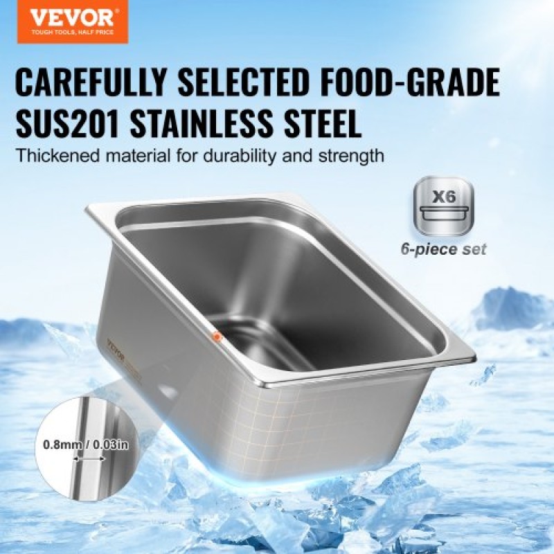 VEVOR 6 Pack Pans Hotel, 1/2 Size Anti-Jam Steam Pan, 0,8mm πάχος από ανοξείδωτο ατσάλι Επιτραπέζιο ταψί εστιατορίου, 6 ιντσών βαθύ εμπορικό επιτραπέζιο τηγάνι, τροφοδοσία αποθήκευσης τροφίμων, για βιομηχανικό και επιστημονικό