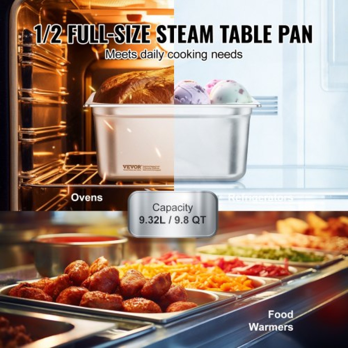 VEVOR 6 Pack Pans Hotel, 1/2 Size Anti-Jam Steam Pan, 0,8mm πάχος από ανοξείδωτο ατσάλι Επιτραπέζιο ταψί εστιατορίου, 6 ιντσών βαθύ εμπορικό επιτραπέζιο τηγάνι, τροφοδοσία αποθήκευσης τροφίμων, για βιομηχανικό και επιστημονικό