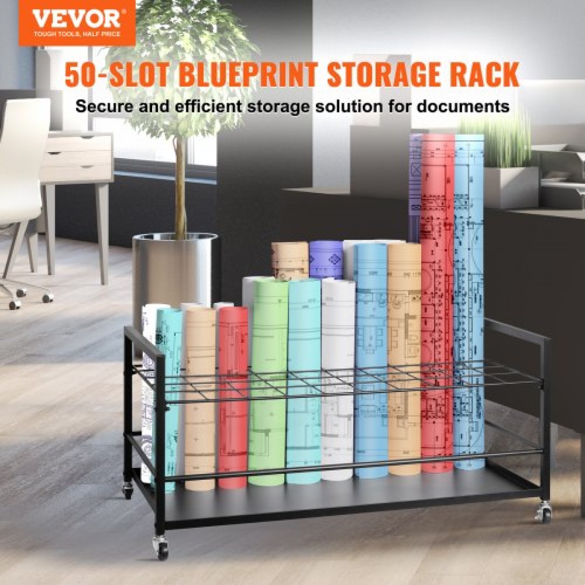 VEVOR Blueprint Storage Rack, 50 Slots Στήριγμα σχεδιαγράμματος με ρόδες, Κινητό μεταλλικό καλάθι αποθήκευσης σχεδιαγράμματος για σχέδιο κατασκευής χάρτη αφίσα Αρχιτεκτονικό, θήκη αρχείων σε ρολό για σπίτι, γραφείο, σχολείο