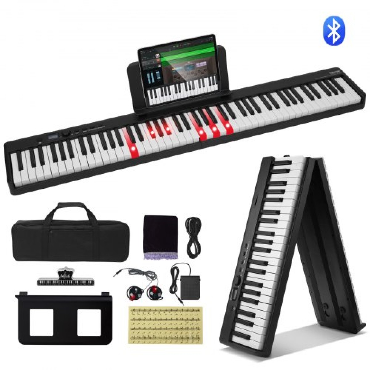 VEVOR 88 Key Folding Keyboard Piano, Bluetooth & MIDI, Φορητό ηλεκτρονικό ψηφιακό αναδιπλούμενο πιάνο με τσάντα πεντάλ για διατήρηση Ακουστικά με πλήκτρα αφής, επαναφορτιζόμενα για αρχάριους έφηβους, ενήλικες, μαύρο
