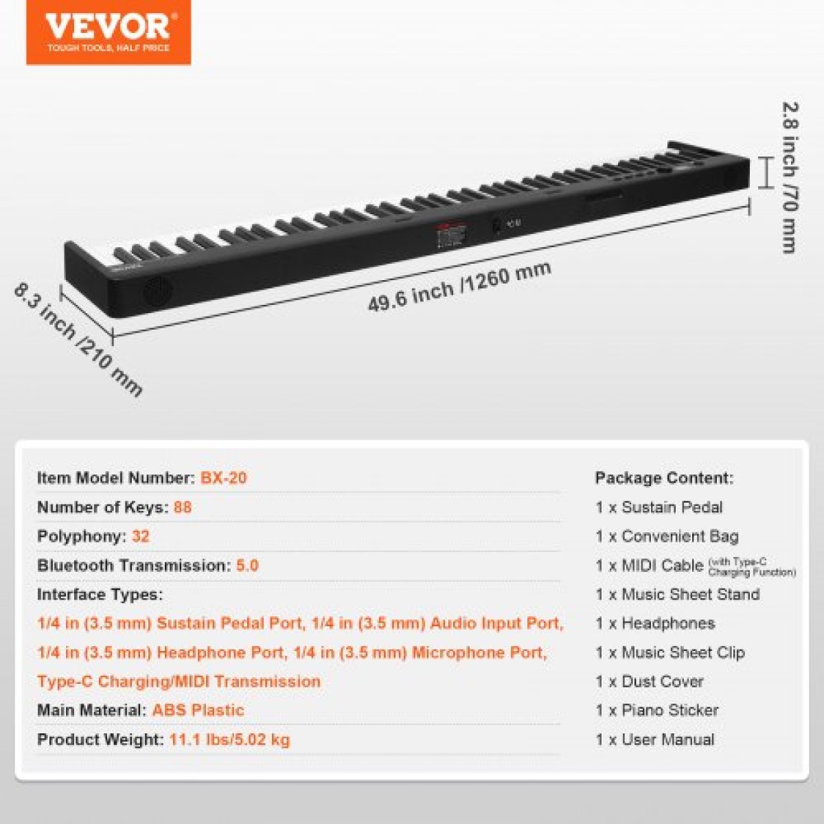 VEVOR 88 Key Folding Keyboard Piano, Bluetooth & MIDI, Φορητό ηλεκτρονικό ψηφιακό αναδιπλούμενο πιάνο με τσάντα πεντάλ για διατήρηση Ακουστικά με πλήκτρα αφής, επαναφορτιζόμενα για αρχάριους έφηβους, ενήλικες, μαύρο
