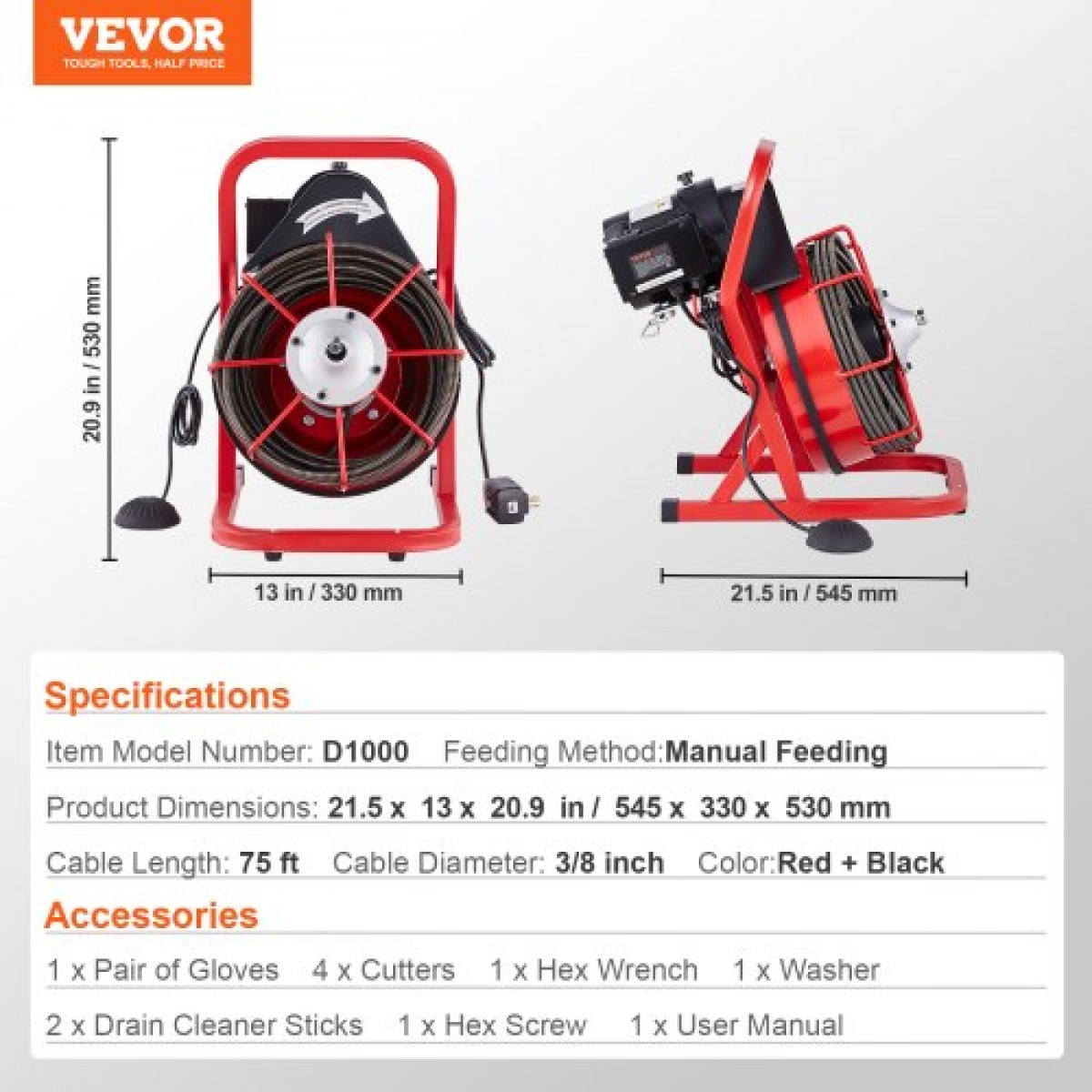 Μηχάνημα καθαρισμού αποχέτευσης VEVOR 23m x 10,5mm, Χειροκίνητη τροφοδοσία Sewer Snake Auger with 4 Cutters & ποδοδιακόπτης που ενεργοποιείται με αέρα για σωλήνες 50mm έως 100mm