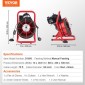 Μηχάνημα καθαρισμού αποχέτευσης VEVOR 23m x 10,5mm, Χειροκίνητη τροφοδοσία Sewer Snake Auger with 4 Cutters & ποδοδιακόπτης που ενεργοποιείται με αέρα για σωλήνες 50mm έως 100mm