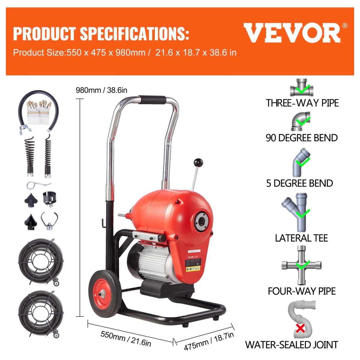Μηχανή καθαρισμού αποχέτευσης VEVOR 3657,6 cm x 1,52 cm 1100W Sectional Snake Auger Manual Feed