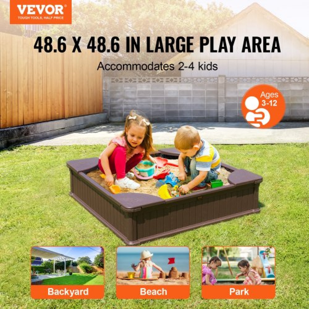 VEVOR Sandbox with Cover Square Sand Box HDPE Sand Pit Outdoor Backyard Ages3-12