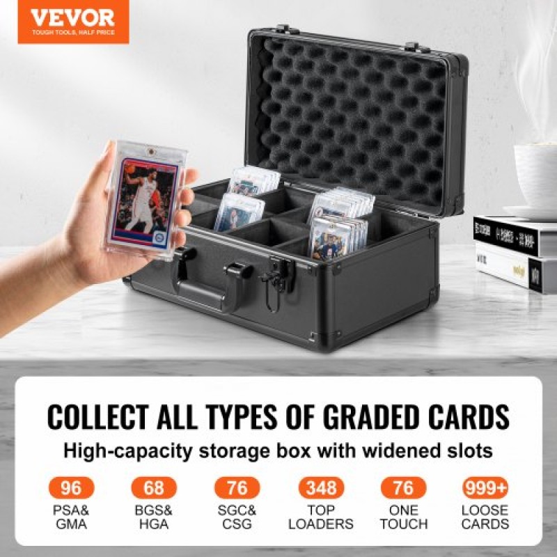 Κουτί αποθήκευσης καρτών VEVOR Graded Card Slots, 4 Slots, Graded Sports Card Holder Case Cards with Key Lock Foam Dividers, for 96 Graded Card PSA 68 BGS Graded Cards 76 SGC Cards 348 Top Loaders or 999+ Loose Cards