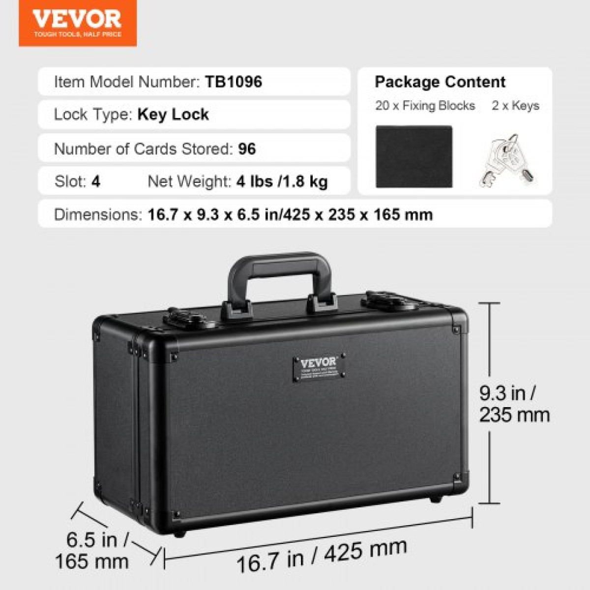 Κουτί αποθήκευσης καρτών VEVOR Graded Card Slots, 4 Slots, Graded Sports Card Holder Case Cards with Key Lock Foam Dividers, for 96 Graded Card PSA 68 BGS Graded Cards 76 SGC Cards 348 Top Loaders or 999+ Loose Cards