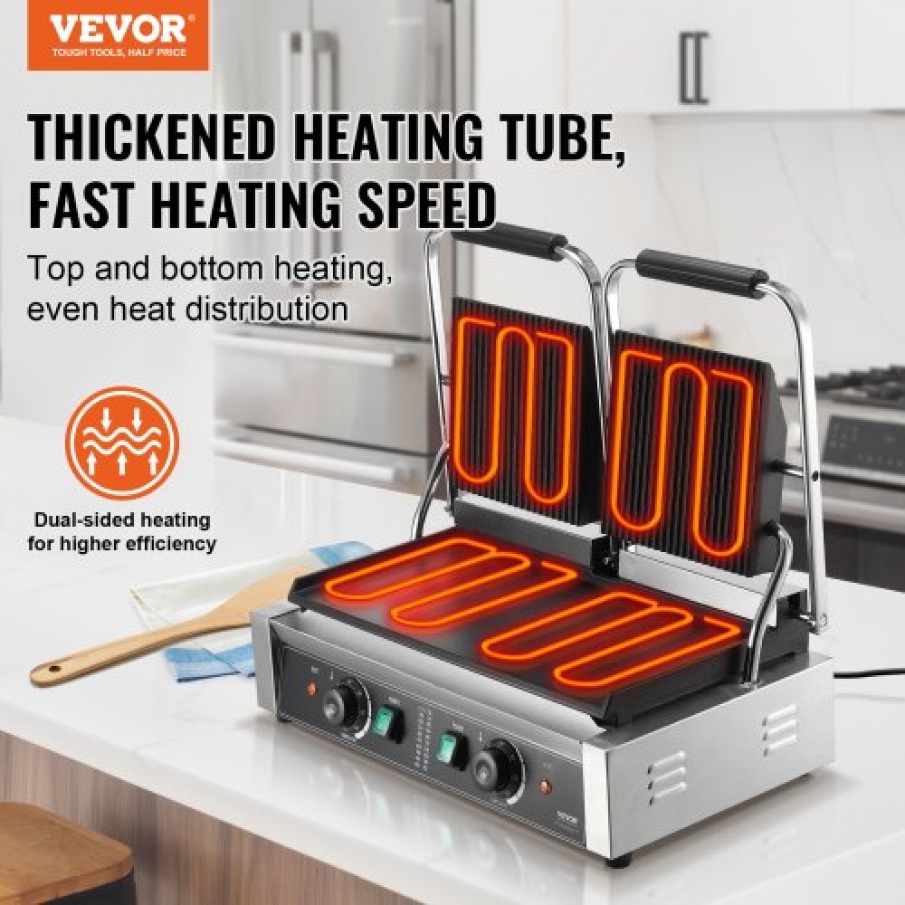 Εμπορική σχάρα Panini VEVOR, Ηλεκτρικό σάντουιτς Panini Maker 3600W, Ανοξείδωτη ψησταριά διπλής πρέσας σάντουιτς, ψησταριά Panini με έλεγχο θερμοκρασίας, 48x23 cm Επίπεδη εμαγιέ πλάκα για μπριζόλα χάμπουργκερ μπέικον