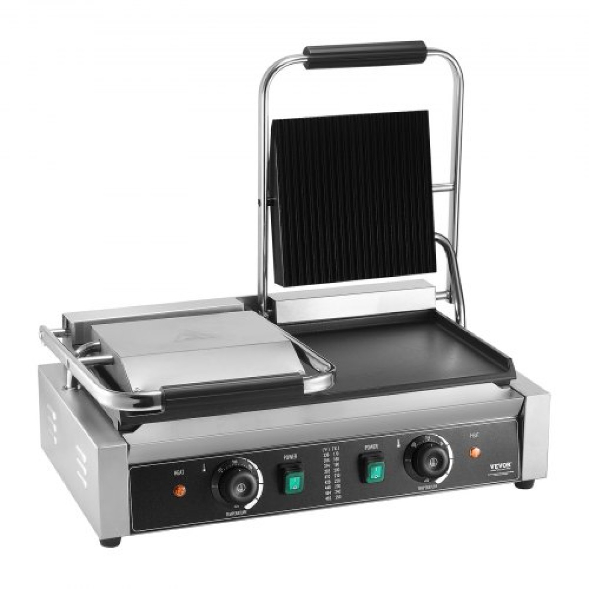 Εμπορική σχάρα Panini VEVOR, Ηλεκτρικό σάντουιτς Panini Maker 3600W, Ανοξείδωτη ψησταριά διπλής πρέσας σάντουιτς, ψησταριά Panini με έλεγχο θερμοκρασίας, 48x23 cm Επίπεδη εμαγιέ πλάκα για μπριζόλα χάμπουργκερ μπέικον