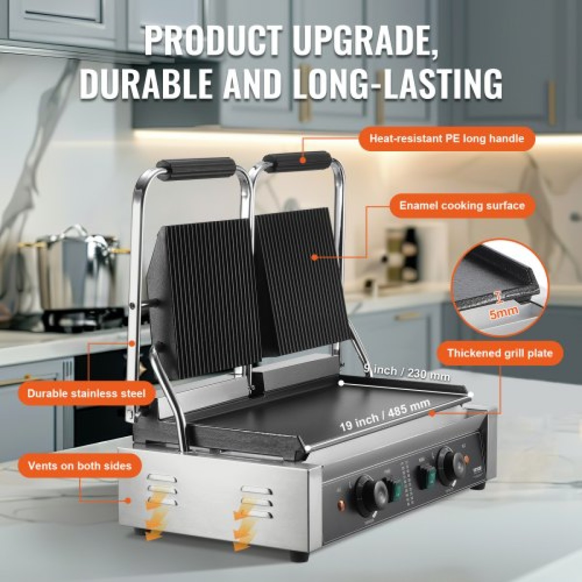 Εμπορική σχάρα Panini VEVOR, Ηλεκτρικό σάντουιτς Panini Maker 3600W, Ανοξείδωτη ψησταριά διπλής πρέσας σάντουιτς, ψησταριά Panini με έλεγχο θερμοκρασίας, 48x23 cm Επίπεδη εμαγιέ πλάκα για μπριζόλα χάμπουργκερ μπέικον