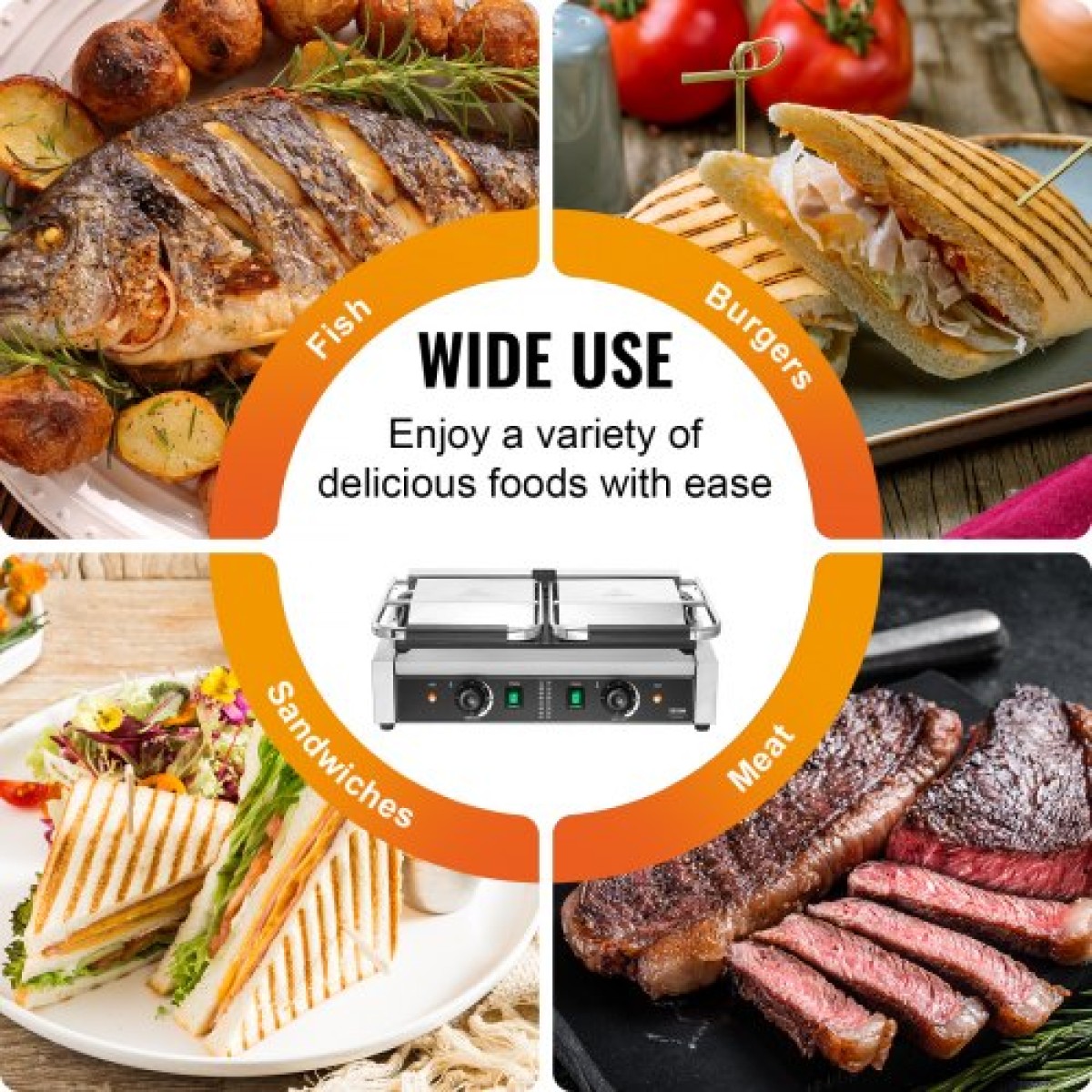 Εμπορική σχάρα Panini VEVOR, Ηλεκτρικό σάντουιτς Panini Maker 3600W, Ανοξείδωτη ψησταριά διπλής πρέσας σάντουιτς, ψησταριά Panini με έλεγχο θερμοκρασίας, 48x23 cm Επίπεδη εμαγιέ πλάκα για μπριζόλα χάμπουργκερ μπέικον