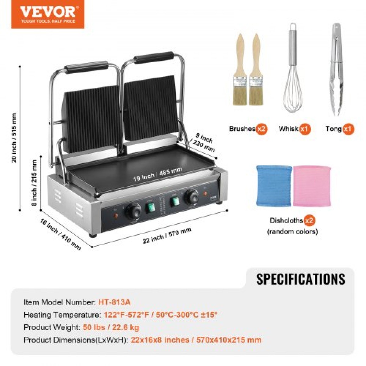 Εμπορική σχάρα Panini VEVOR, Ηλεκτρικό σάντουιτς Panini Maker 3600W, Ανοξείδωτη ψησταριά διπλής πρέσας σάντουιτς, ψησταριά Panini με έλεγχο θερμοκρασίας, 48x23 cm Επίπεδη εμαγιέ πλάκα για μπριζόλα χάμπουργκερ μπέικον