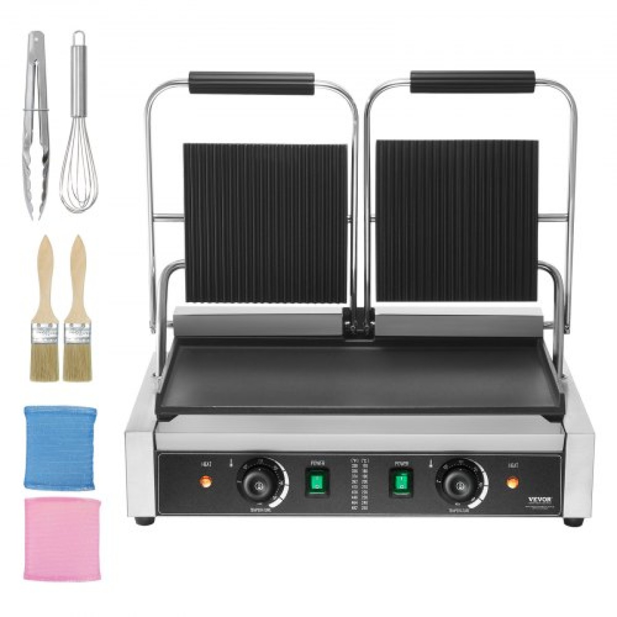 Εμπορική σχάρα Panini VEVOR, Ηλεκτρικό σάντουιτς Panini Maker 3600W, Ανοξείδωτη ψησταριά διπλής πρέσας σάντουιτς, ψησταριά Panini με έλεγχο θερμοκρασίας, 48x23 cm Επίπεδη εμαγιέ πλάκα για μπριζόλα χάμπουργκερ μπέικον