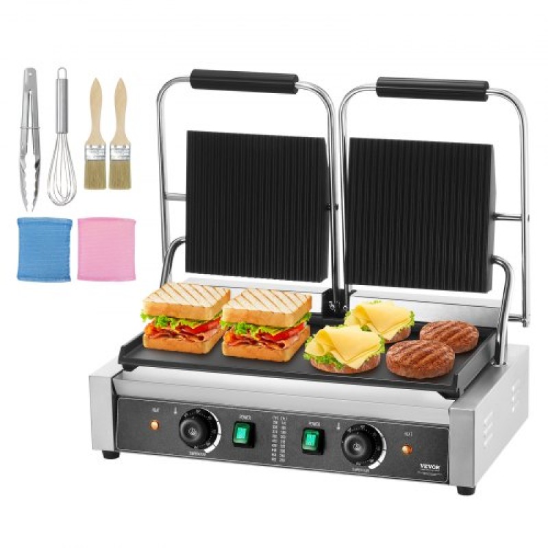 Εμπορική σχάρα Panini VEVOR, Ηλεκτρικό σάντουιτς Panini Maker 3600W, Ανοξείδωτη ψησταριά διπλής πρέσας σάντουιτς, ψησταριά Panini με έλεγχο θερμοκρασίας, 48x23 cm Επίπεδη εμαγιέ πλάκα για μπριζόλα χάμπουργκερ μπέικον