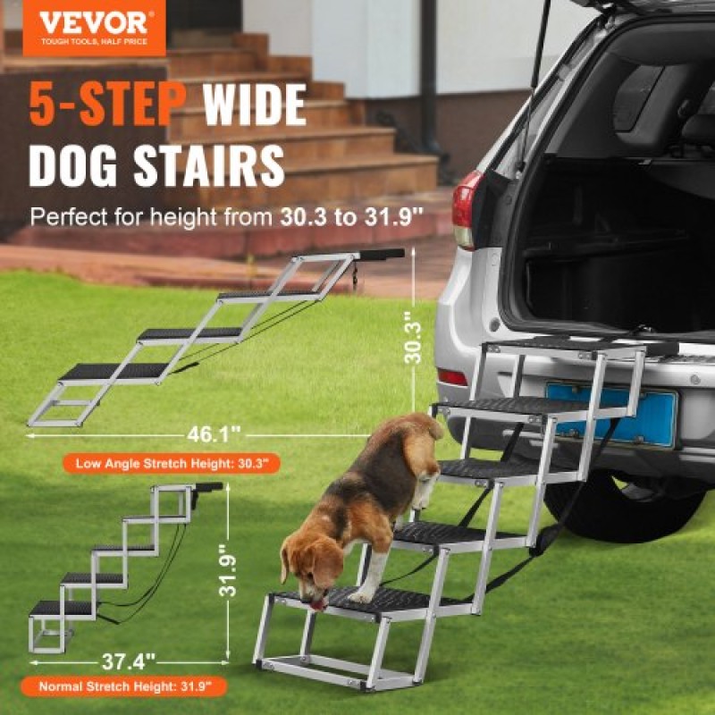 VEVOR Dog Stair for Cars Πτυσσόμενα σκαλοπάτια σκύλου 5 βημάτων Αλουμίνιο φορτία έως 68 κιλά