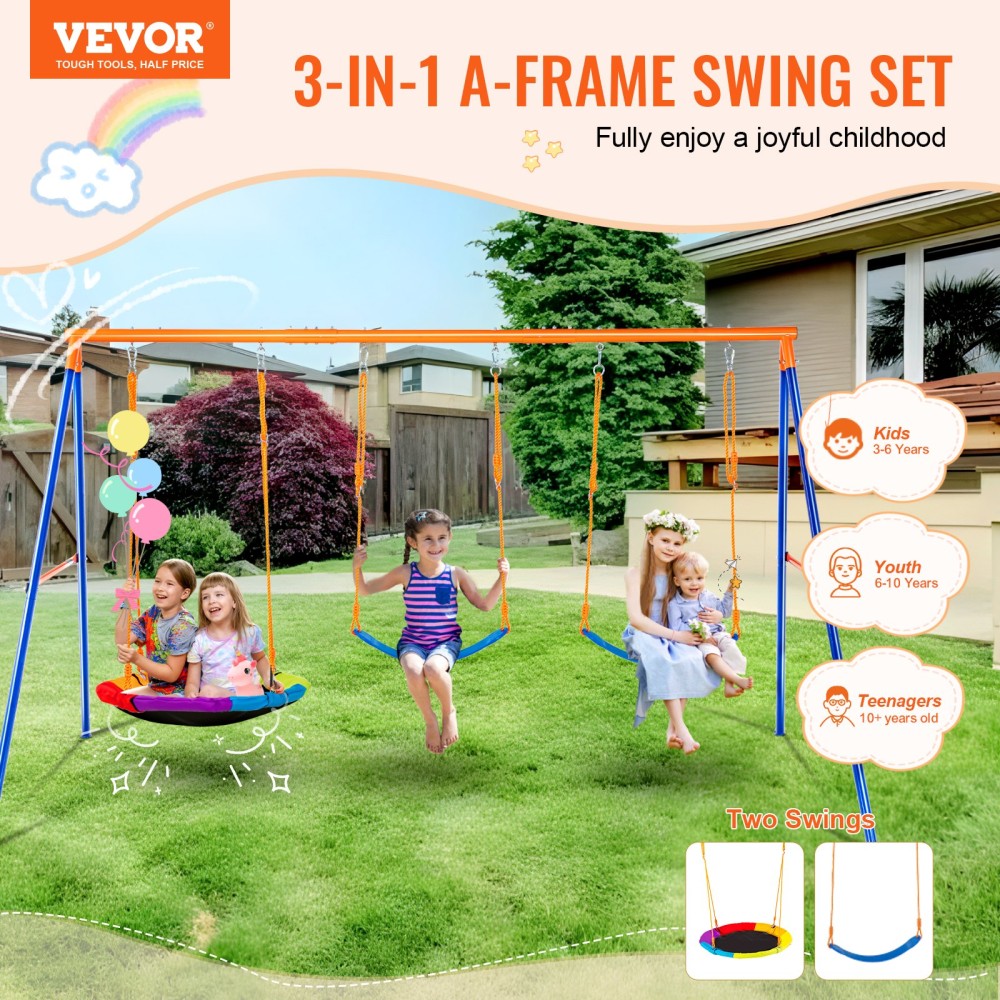 VEVOR Swing Swing για Backyard, 600lbs Load Capacity Swing Set, με 1 Swing Saucer Seat, 2 Belt Swing Settings, Heavy Duty A-Frame Metal Swing Stand και ρυθμιζόμενο σχοινί, Swingset Outdoor για παιδιά