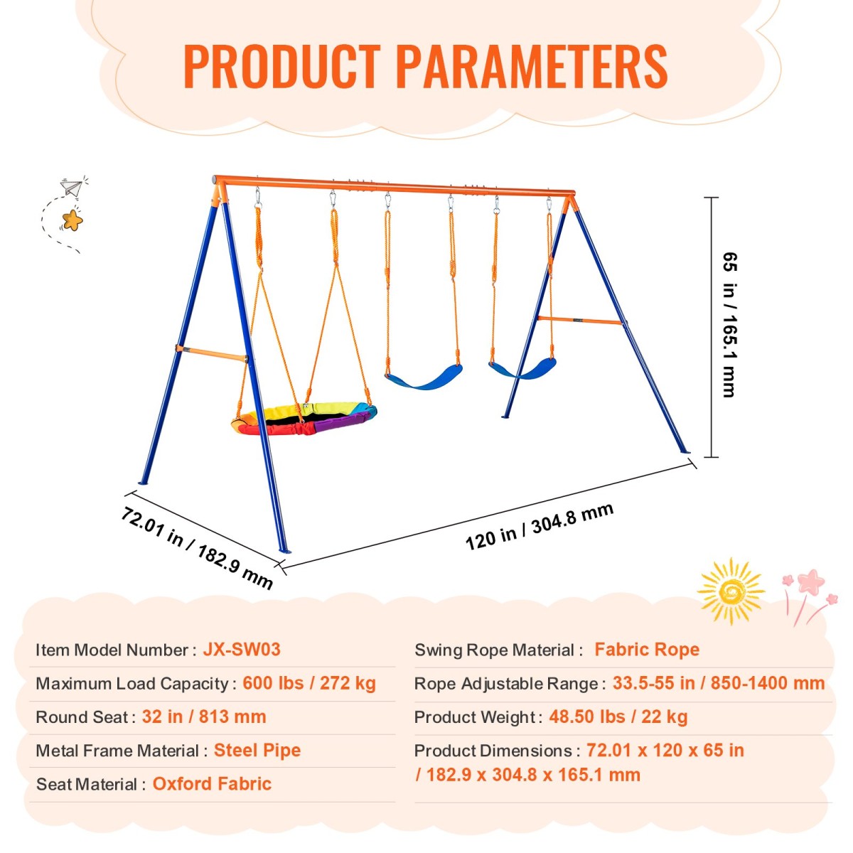 VEVOR Swing Swing για Backyard, 600lbs Load Capacity Swing Set, με 1 Swing Saucer Seat, 2 Belt Swing Settings, Heavy Duty A-Frame Metal Swing Stand και ρυθμιζόμενο σχοινί, Swingset Outdoor για παιδιά