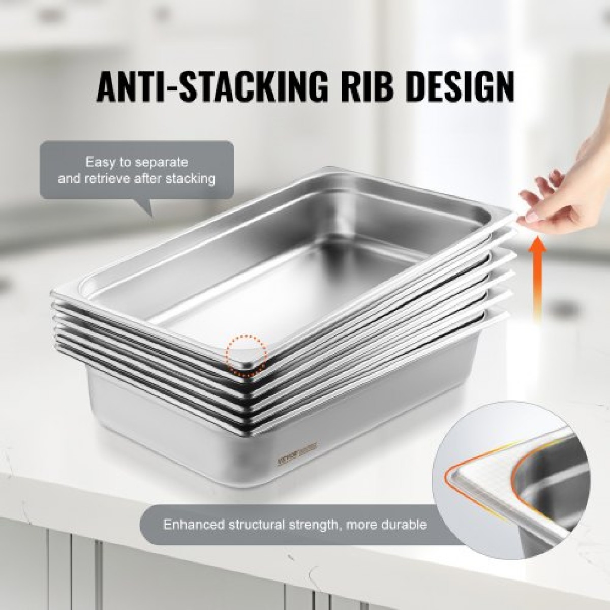 VEVOR 6 Pack Pans Hotel, Full Size Anti-Jam Steam Pan, 0,8mm πάχος από ανοξείδωτο χάλυβα Εστιατόριο Steam Pan, 4 ιντσών Deep Commercial Tags, Catering Storage Food Pan, for Industrial & Scientific