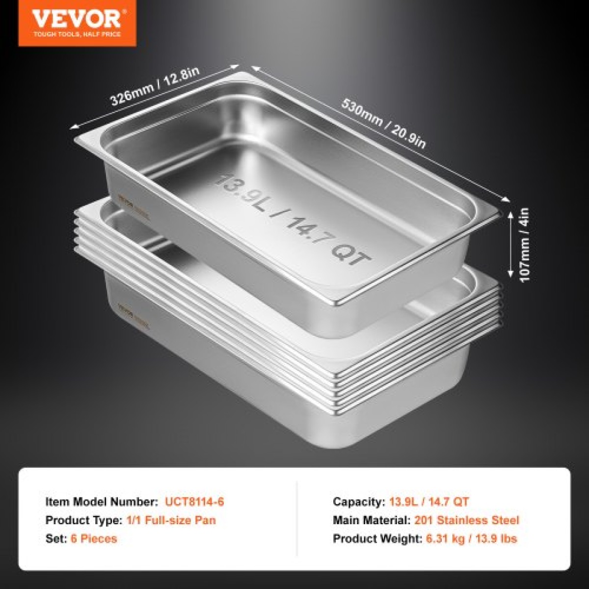 VEVOR 6 Pack Pans Hotel, Full Size Anti-Jam Steam Pan, 0,8mm πάχος από ανοξείδωτο χάλυβα Εστιατόριο Steam Pan, 4 ιντσών Deep Commercial Tags, Catering Storage Food Pan, for Industrial & Scientific
