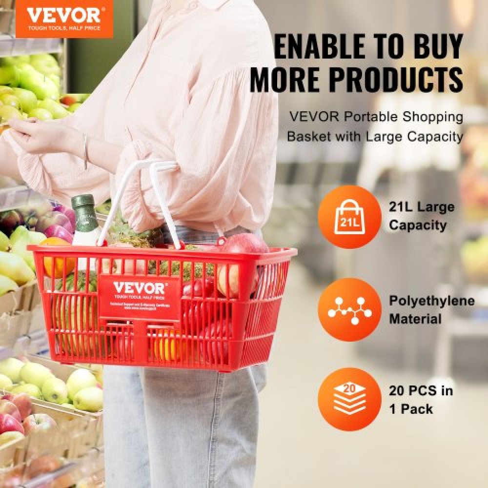 VEVOR Shopping Basket Portable Grocery Basket 20PCS 21L with Handle & Stand Red