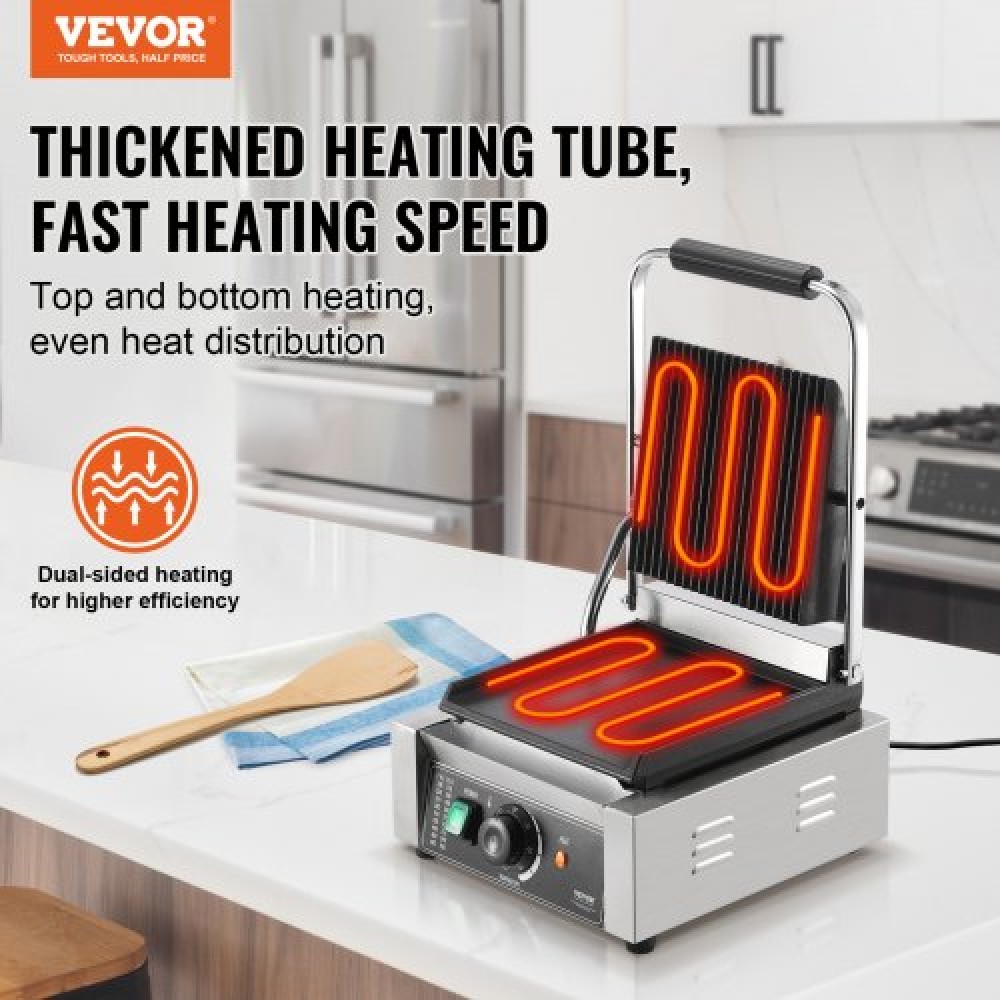 Εμπορική σχάρα Panini VEVOR, Ηλεκτρικό σάντουιτς Panini Maker 1800W, Ανοξείδωτη ψησταριά σάντουιτς με λαβή και έλεγχο θερμοκρασίας, 22x23 cm Επίπεδη εμαγιέ πλάκα, για μπριζόλα χάμπουργκερ μπέικον