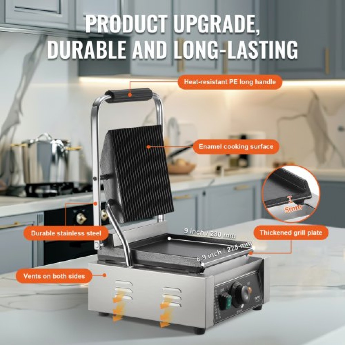 Εμπορική σχάρα Panini VEVOR, Ηλεκτρικό σάντουιτς Panini Maker 1800W, Ανοξείδωτη ψησταριά σάντουιτς με λαβή και έλεγχο θερμοκρασίας, 22x23 cm Επίπεδη εμαγιέ πλάκα, για μπριζόλα χάμπουργκερ μπέικον