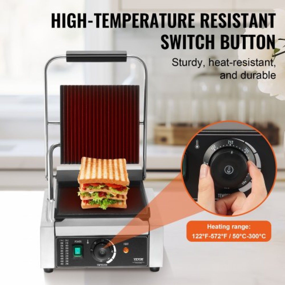 Εμπορική σχάρα Panini VEVOR, Ηλεκτρικό σάντουιτς Panini Maker 1800W, Ανοξείδωτη ψησταριά σάντουιτς με λαβή και έλεγχο θερμοκρασίας, 22x23 cm Επίπεδη εμαγιέ πλάκα, για μπριζόλα χάμπουργκερ μπέικον