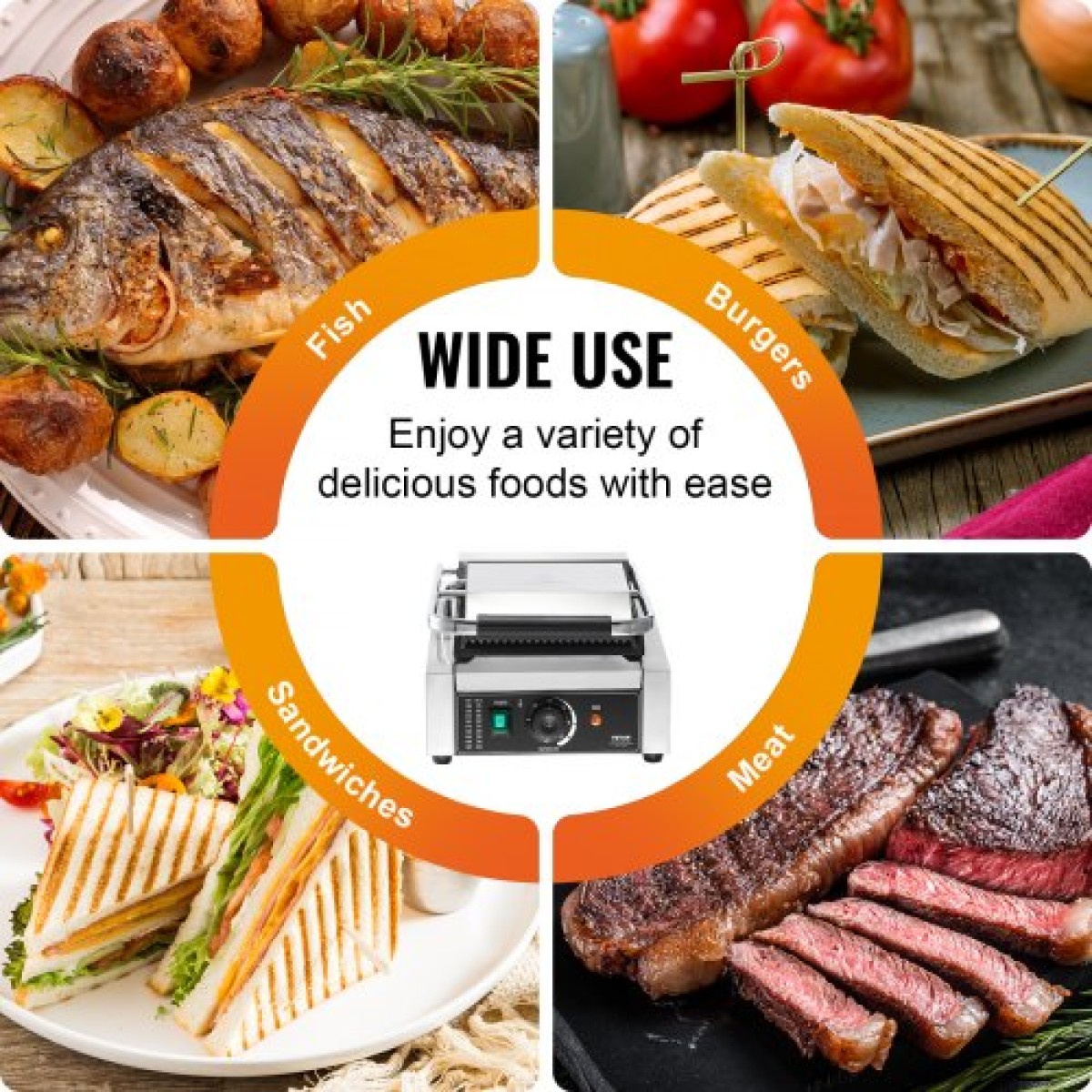 Εμπορική σχάρα Panini VEVOR, Ηλεκτρικό σάντουιτς Panini Maker 1800W, Ανοξείδωτη ψησταριά σάντουιτς με λαβή και έλεγχο θερμοκρασίας, 22x23 cm Επίπεδη εμαγιέ πλάκα, για μπριζόλα χάμπουργκερ μπέικον