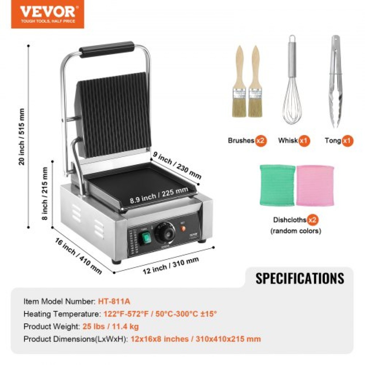 Εμπορική σχάρα Panini VEVOR, Ηλεκτρικό σάντουιτς Panini Maker 1800W, Ανοξείδωτη ψησταριά σάντουιτς με λαβή και έλεγχο θερμοκρασίας, 22x23 cm Επίπεδη εμαγιέ πλάκα, για μπριζόλα χάμπουργκερ μπέικον