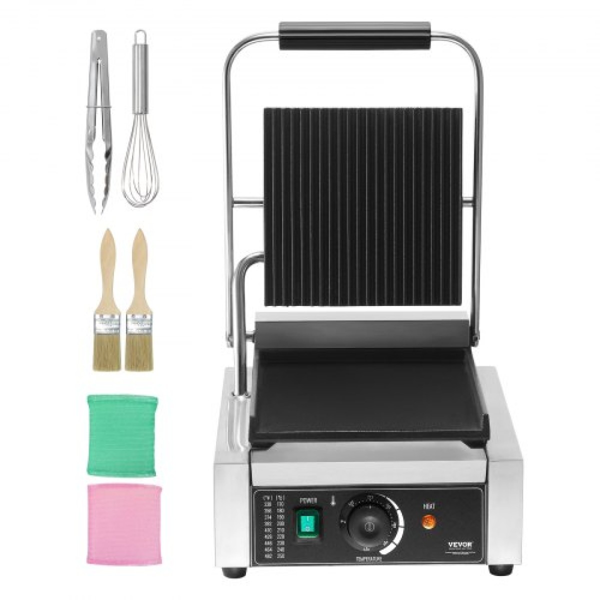 Εμπορική σχάρα Panini VEVOR, Ηλεκτρικό σάντουιτς Panini Maker 1800W, Ανοξείδωτη ψησταριά σάντουιτς με λαβή και έλεγχο θερμοκρασίας, 22x23 cm Επίπεδη εμαγιέ πλάκα, για μπριζόλα χάμπουργκερ μπέικον