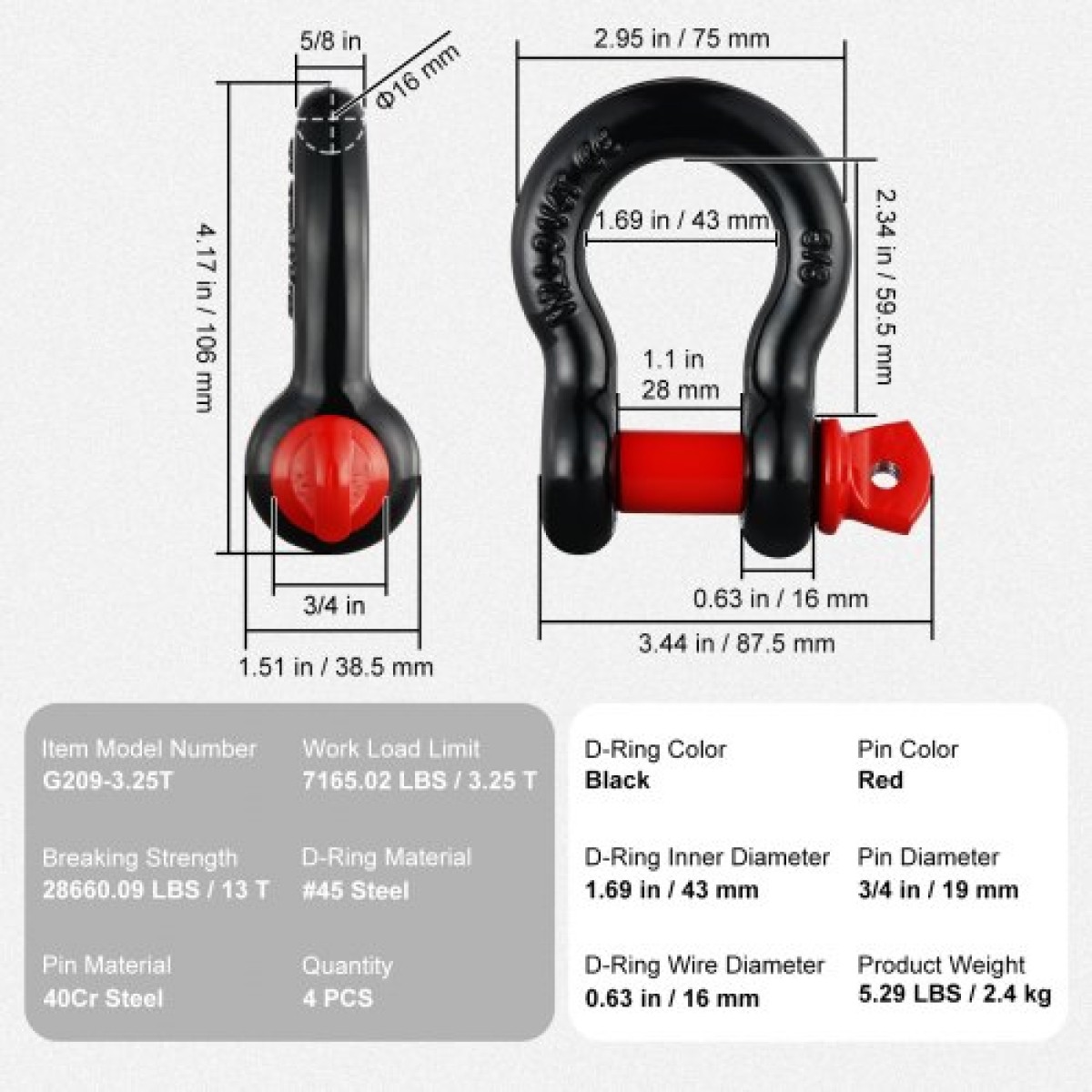 VEVOR 4 Pack 15,9 χλστ. Δακτύλιος Δακτύλιος με 19 χιλ. Βιδωτός πείρος 13 Τόνων Αντοχή θραύσης