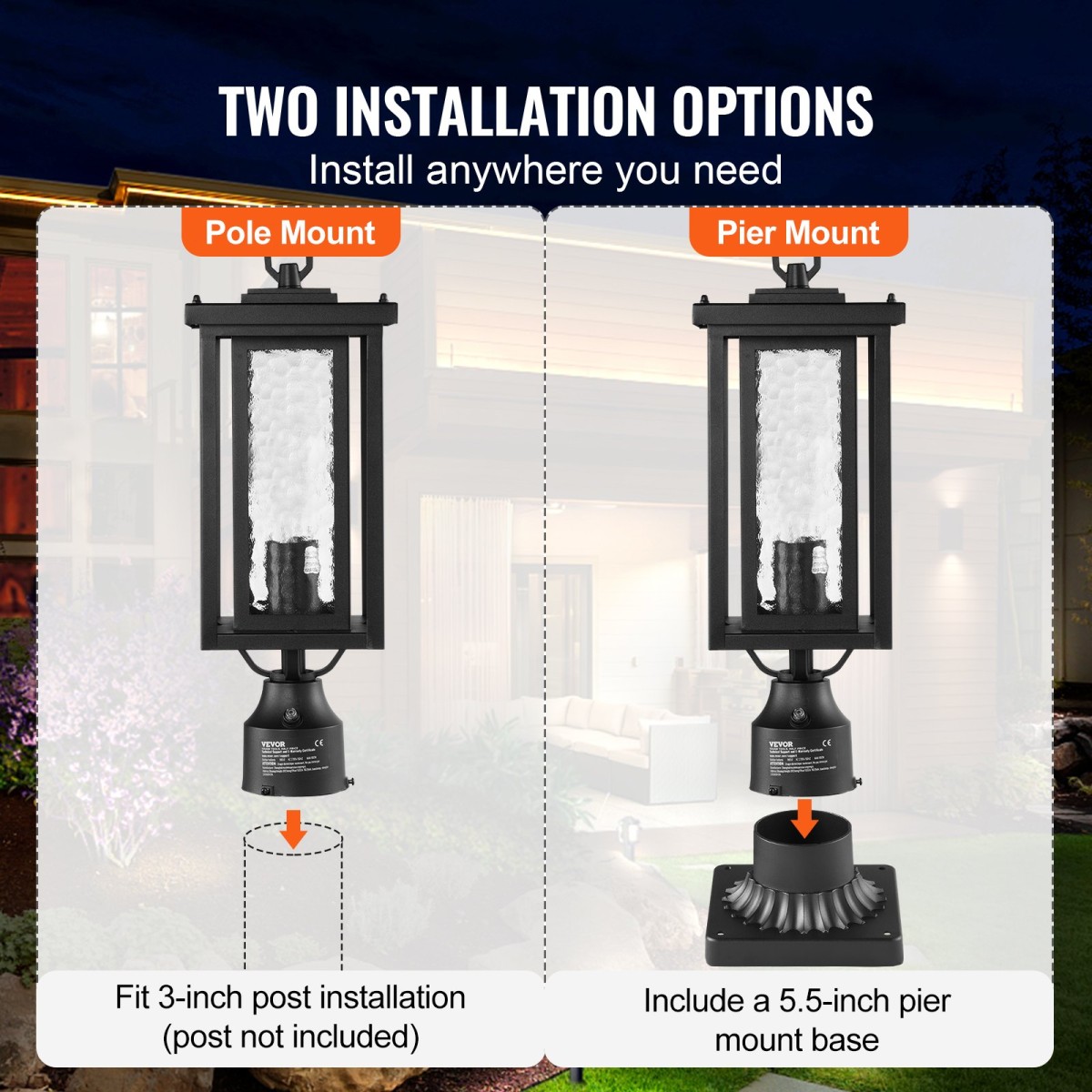VEVOR 2 Pack Dusk to Dawn Outdoor Post Light, 450 mm, Αδιάβροχα φωτιστικά Post με 3,5 in Pier Mount Base Glass Shade, Αλεξικέραυνο Εξωτερικό Φωτιστικό Στήλης Πόλου για Patio Garden Pathway