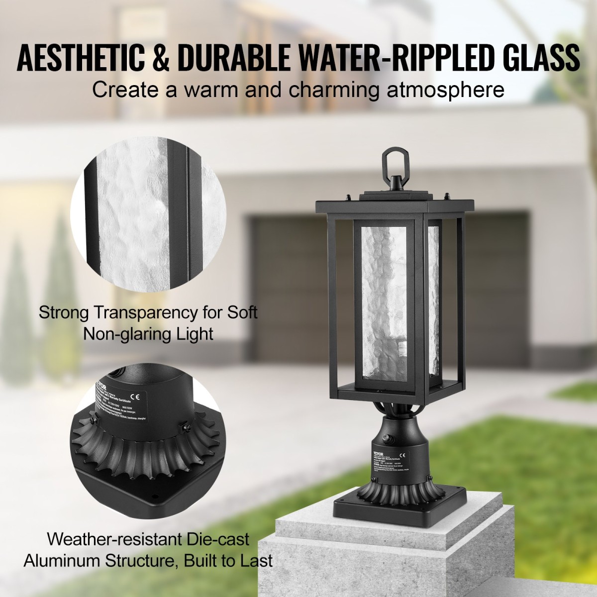 VEVOR 2 Pack Dusk to Dawn Outdoor Post Light, 450 mm, Αδιάβροχα φωτιστικά Post με 3,5 in Pier Mount Base Glass Shade, Αλεξικέραυνο Εξωτερικό Φωτιστικό Στήλης Πόλου για Patio Garden Pathway