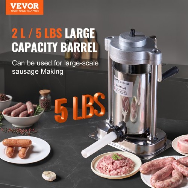 VEVOR Manual Sausage Stuffer, 2 L / 5 LBS Vertical Sausage Machine with G-type Clamp, Food-Grade 304 Stainless Steel Barrel with 2 Stuffing Tube, for Home Kitchen Restaurant Commercial
