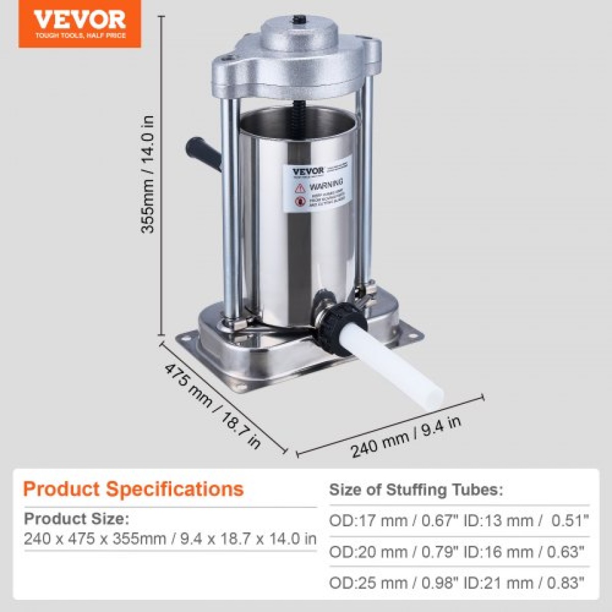 VEVOR Manual Sausage Stuffer, 2 L / 5 LBS Vertical Sausage Machine with G-type Clamp, Food-Grade 304 Stainless Steel Barrel with 2 Stuffing Tube, for Home Kitchen Restaurant Commercial