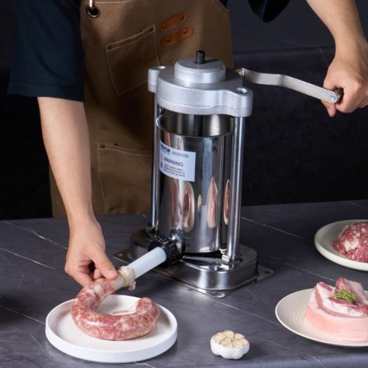 VEVOR Manual Sausage Stuffer, 2 L / 5 LBS Vertical Sausage Machine with G-type Clamp, Food-Grade 304 Stainless Steel Barrel with 2 Stuffing Tube, for Home Kitchen Restaurant Commercial