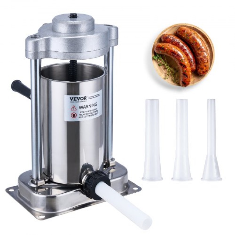 VEVOR Manual Sausage Stuffer, 2 L / 5 LBS Vertical Sausage Machine with G-type Clamp, Food-Grade 304 Stainless Steel Barrel with 2 Stuffing Tube, for Home Kitchen Restaurant Commercial